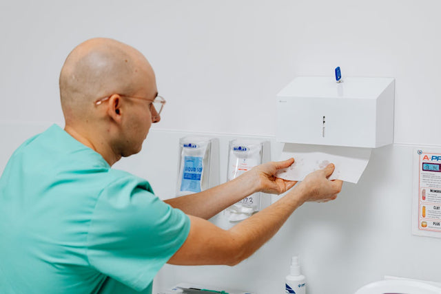 Doctor using hand towel dispenser
