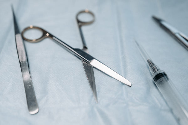 Surgical scissors on sterile surface