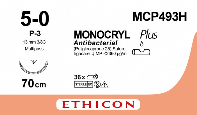 Suture material Monocryl Plus undyed, monofilament, P-3 Multipass, USP 5/0, thread length 70cm