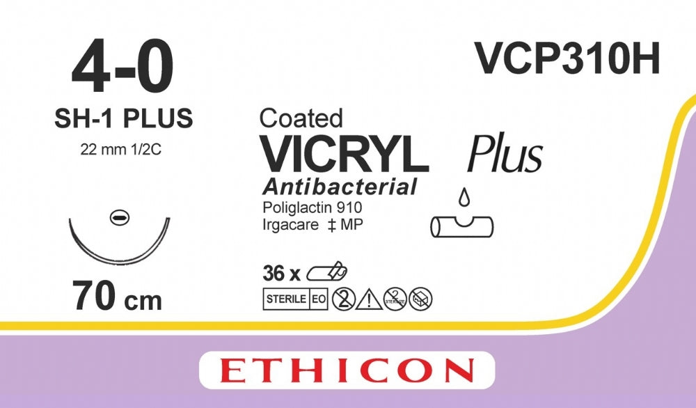 Suture material Vicryl plus violet braided, USP 4/0, thread length 70cm, needle SH1-plus