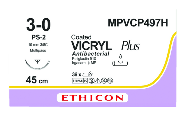 Suture material Ethicon VICRYL PLUS UNDYED BRAIDED, PS MULTIPASS, USP 3/0, Suture Length 45cm