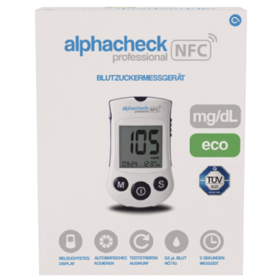 alphacheck professional NFC Blutzuckermessgerät mg/dl eco