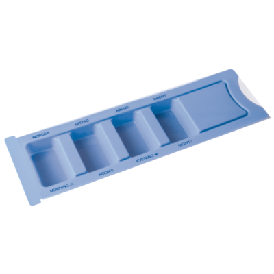 medimex Medikamentendispenser, blau, 4 Fächer, mit Aufdruck Morgen, Mittag, Abend, Nacht und Morning, Noon, Evening, Night, komplett mit Schiebeblister