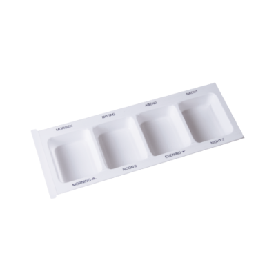 medimex Medikamentendispenser, weiß, 4 Fächer, mit Aufdruck Morgen, Mittag, Abend, Nacht und Morning, Noon, Evening, Night , komplett mit Schiebeblister