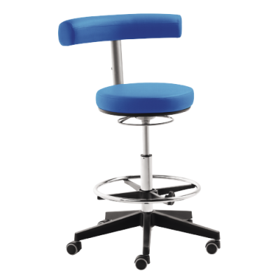 Swivel chair, upholstered in aqua blue, with extra-high lift and height-adjustable foot ring