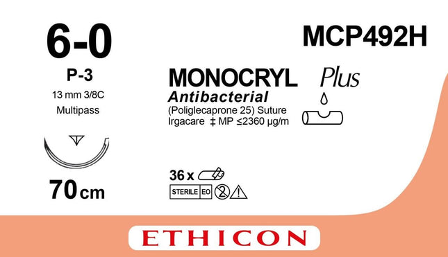 Suture material Ethicon MONOCRYL PLUS P3, USP 6/0, 70cm thread length, undyed monofilament MULTIPASS