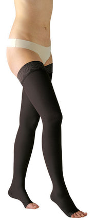 Avicenum PHLEBO 360 Schenkelstrümpfe Schwarz Spitzenhaftband offene Zehenspitze