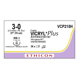 Nahtmaterial Ethicon Vicryl Plus RB-1 plus, ungefärbt geflochten, USP 3/0, Fadenlänge 70cm