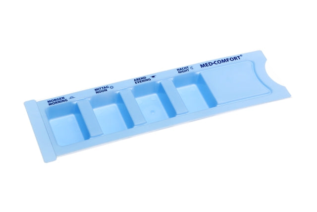 medimex Medikamentendispenser, blau, 4 Fächer, mit Aufdruck Morgen, Mittag, Abend, Nacht und Morning, Noon, Evening, Night, komplett mit Schiebeblister