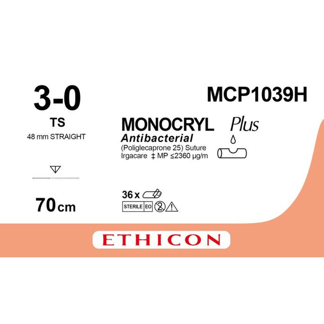 Suture Ethicon Monocryl Plus Undyed Monofilament TS, USP 3/0, Suture Length 70cm