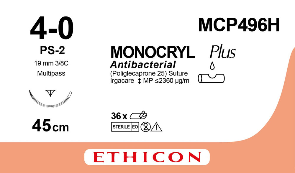 Suture Ethicon MONOCRYL PLUS UNDYED MONOFILAMENT PS2 MULTIP USP 4/0, Suture Length 45cm