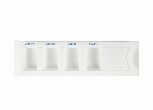 medimex Medikamentendispenser, weiß, 4 Fächer, mit Aufdruck Morgen, Mittag, Abend, Nacht und Morning, Noon, Evening, Night , komplett mit Schiebeblister
