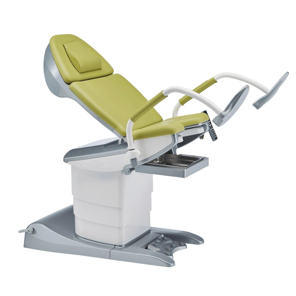medi-matic® examination and treatment chair including upholstery set, upholstery color agave green, plastic parts silver-gray, paint finish pure white RAL 9010