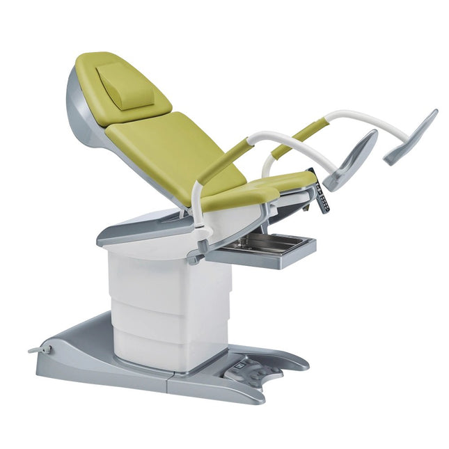 medi-matic® examination and treatment chair including upholstery set, upholstery color agave green, plastic parts silver-gray, paint finish pure white RAL 9010