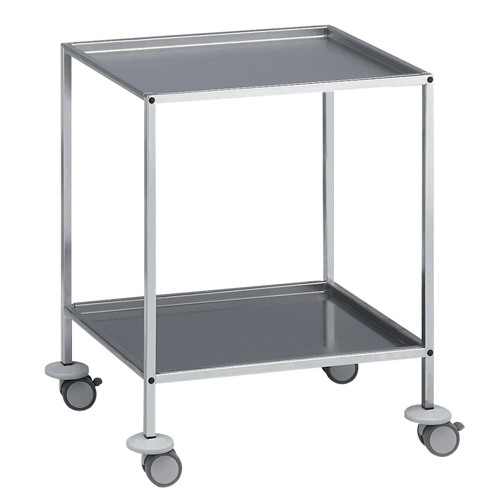 Instrument table, 18/10 chromium-nickel steel, removable table tops 600x450mm, height: 800mm, electrically conductive twin plastic castors Ø 75mm, up to 50 kg