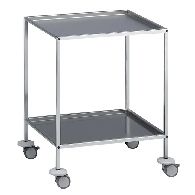 Instrument table, 18/10 chromium-nickel steel, removable table tops 600x450mm, height: 800mm, electrically conductive twin plastic castors Ø 75mm, up to 50 kg