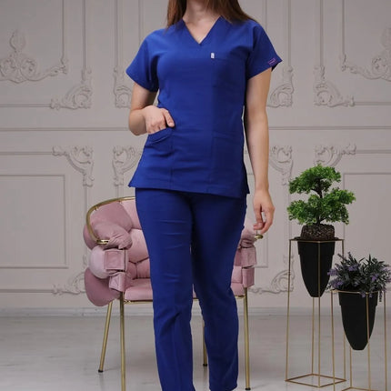 Saks Blauer Stretch-Arztanzug – Fledermausärmel