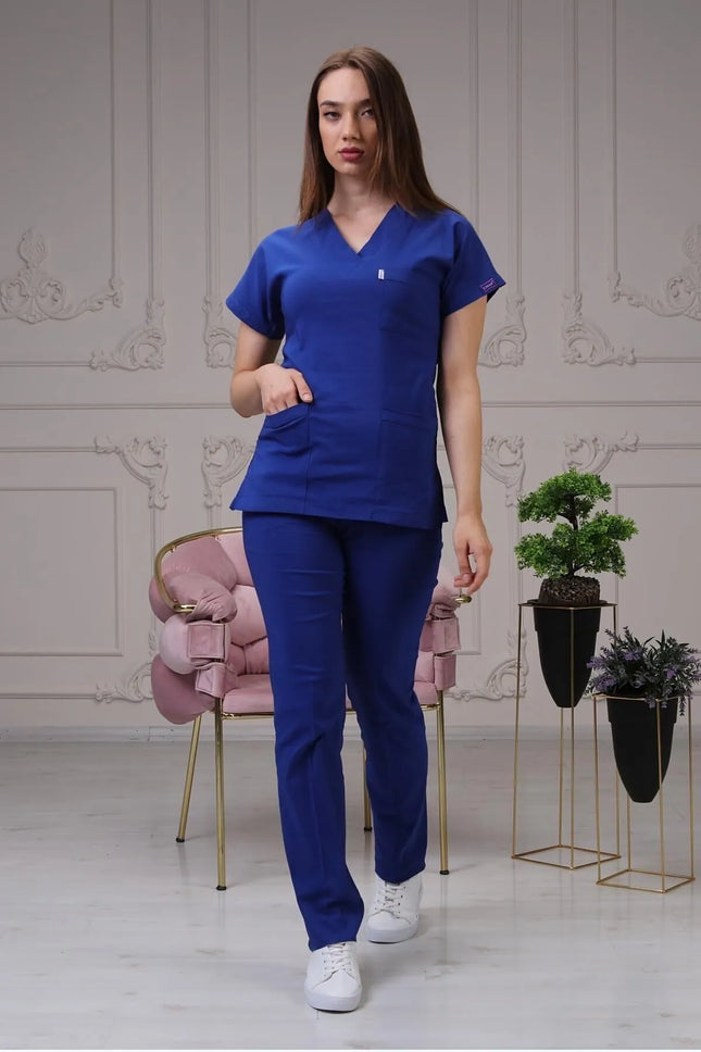 Saks Blauer Stretch-Arztanzug – Fledermausärmel
