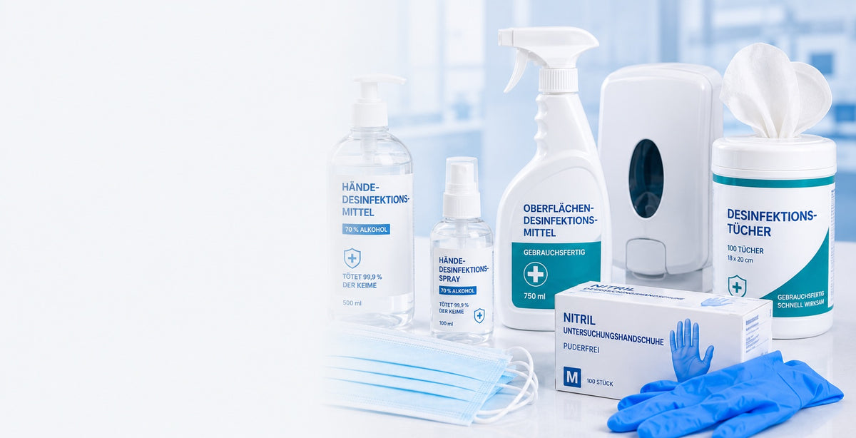 Hygiene und Desinfektion: Desinfektionsmittel, Handschuhe und Tücher